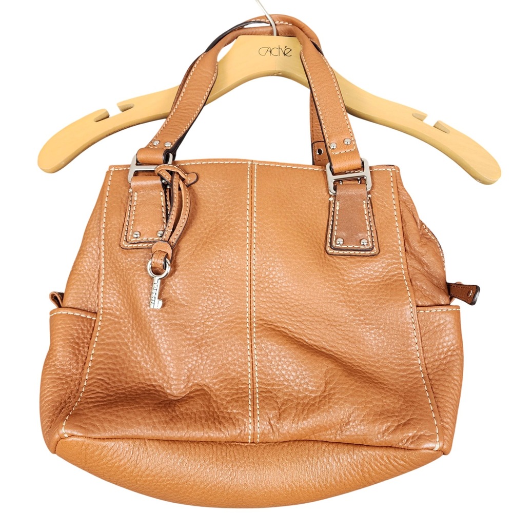 Fossil Cognac Pebbled Leather Satchel Handbag ZB9962 Brown Key Charm